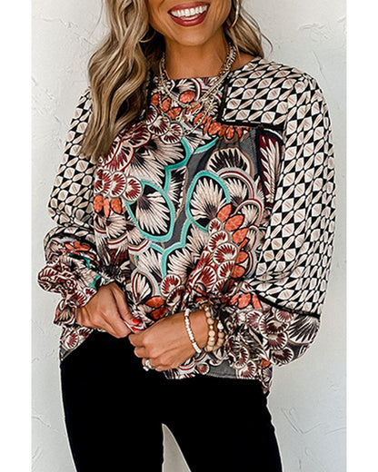 Azura Exchange Mixed Floral Geometric Print Ruffled Blouse - M