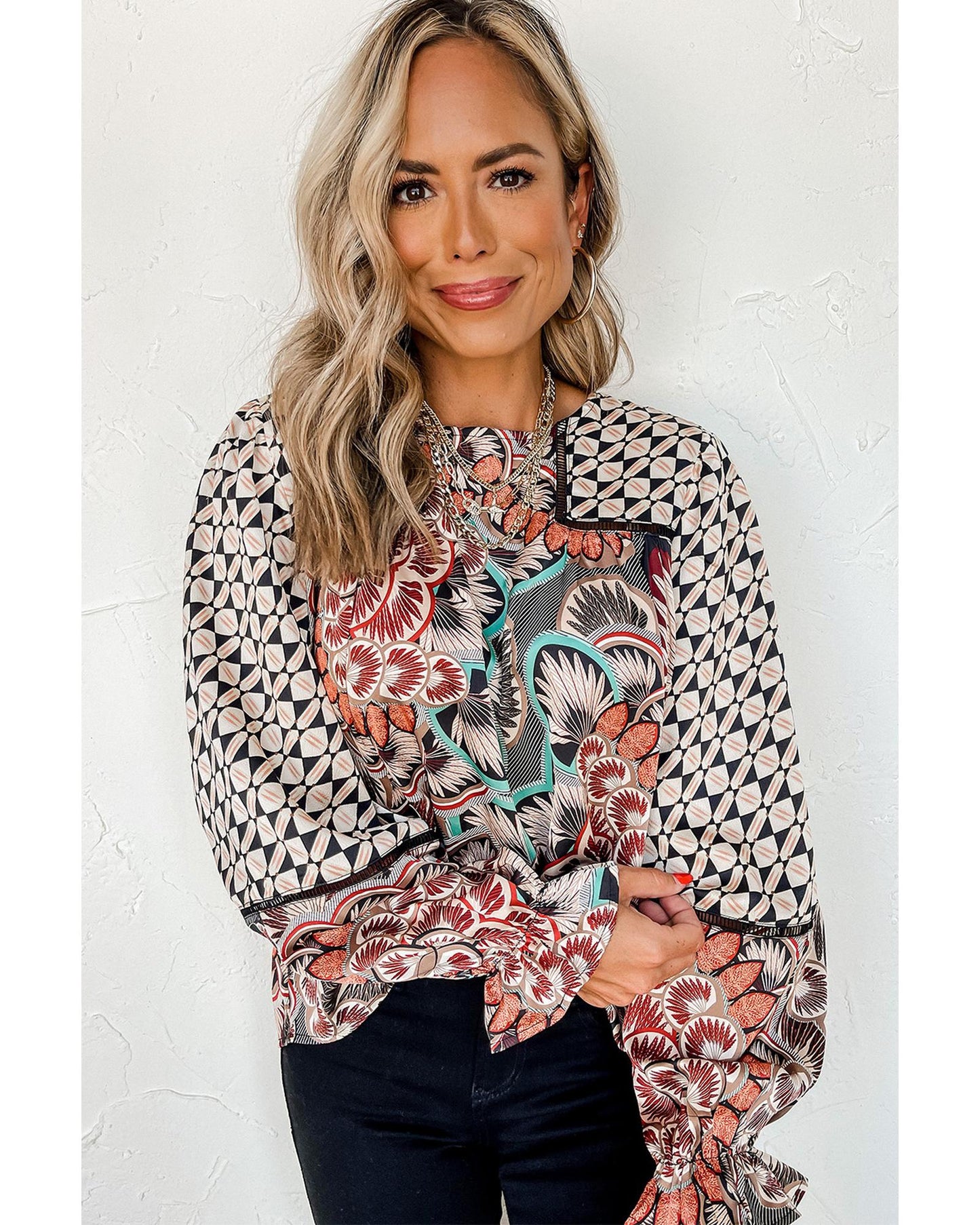 Azura Exchange Mixed Floral Geometric Print Ruffled Blouse - M