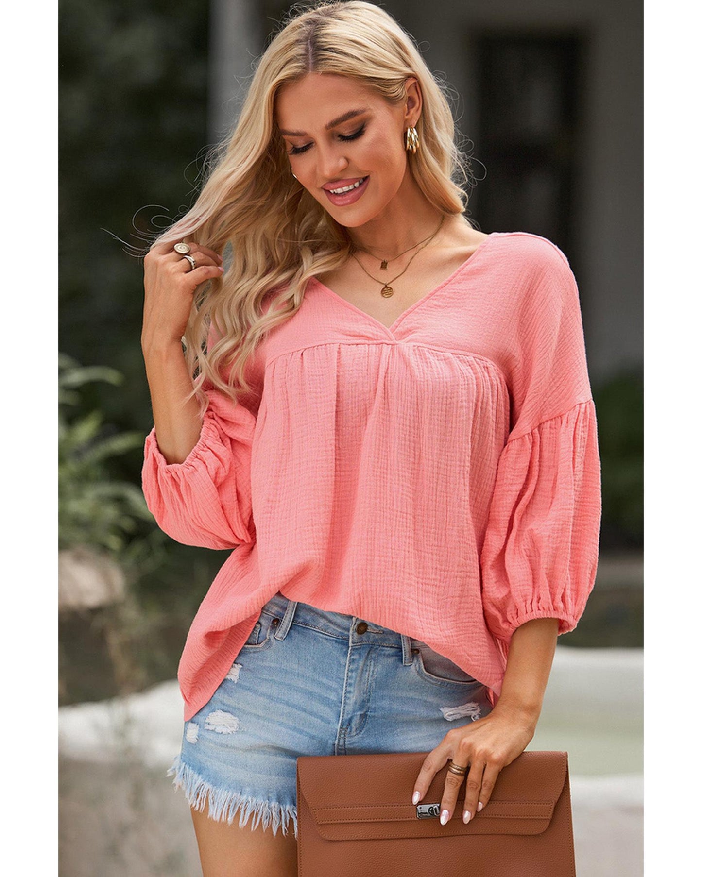 Azura Exchange V Neck Bracelet Sleeve Babydoll Blouse - 2XL