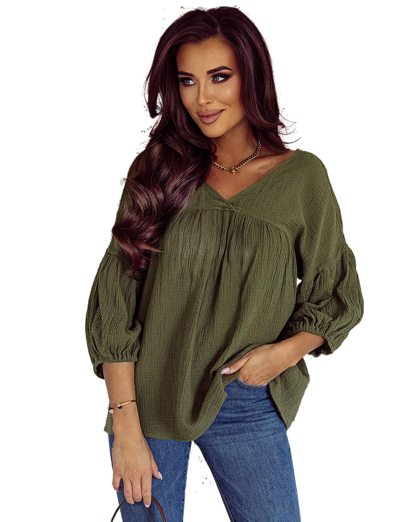 Azura Exchange Textured V Neck Bracelet Sleeve Babydoll Blouse - XL