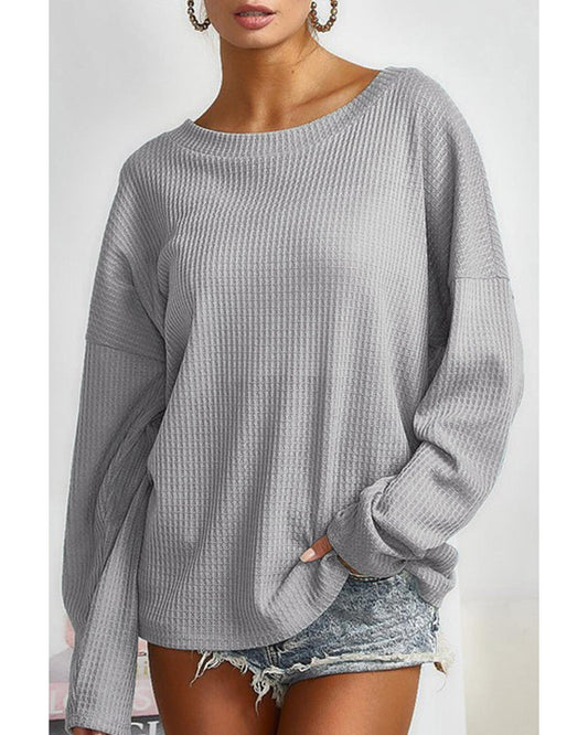 Azura Exchange Gray V Cut Drawstring Back Waffle Knit Top - L