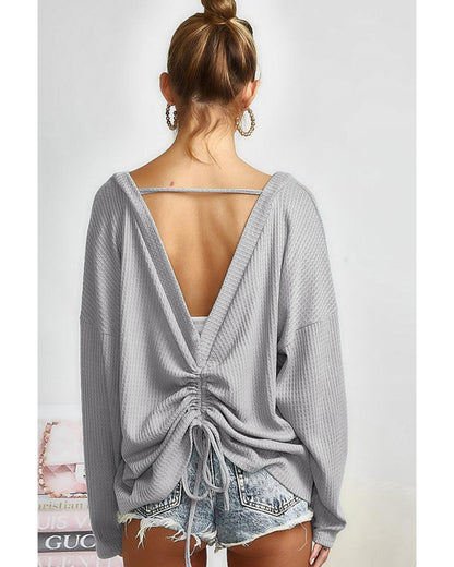 Azura Exchange Gray V Cut Drawstring Back Waffle Knit Top - L