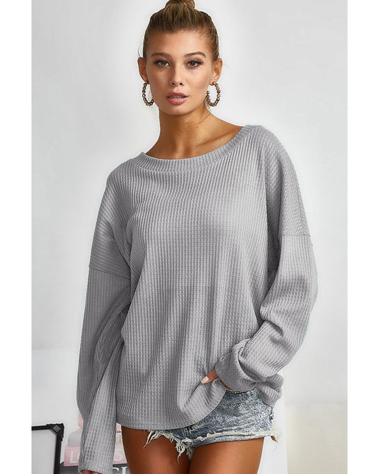 Azura Exchange Gray V Cut Drawstring Back Waffle Knit Top - L