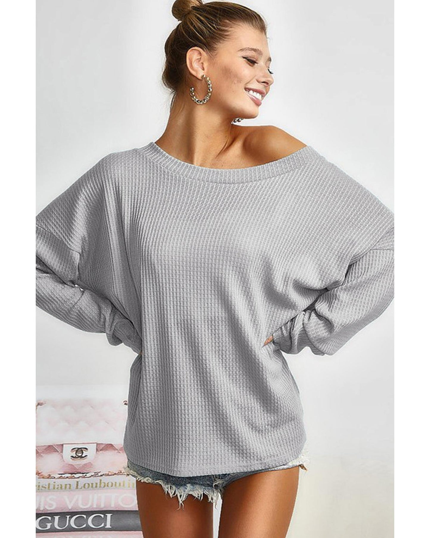 Azura Exchange Gray V Cut Drawstring Back Waffle Knit Top - L