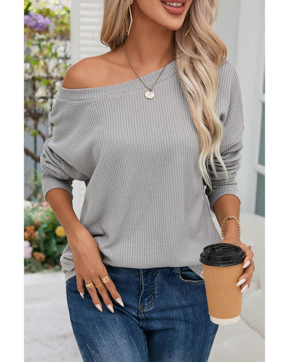 Azura Exchange Gray V Cut Drawstring Back Waffle Knit Top - M