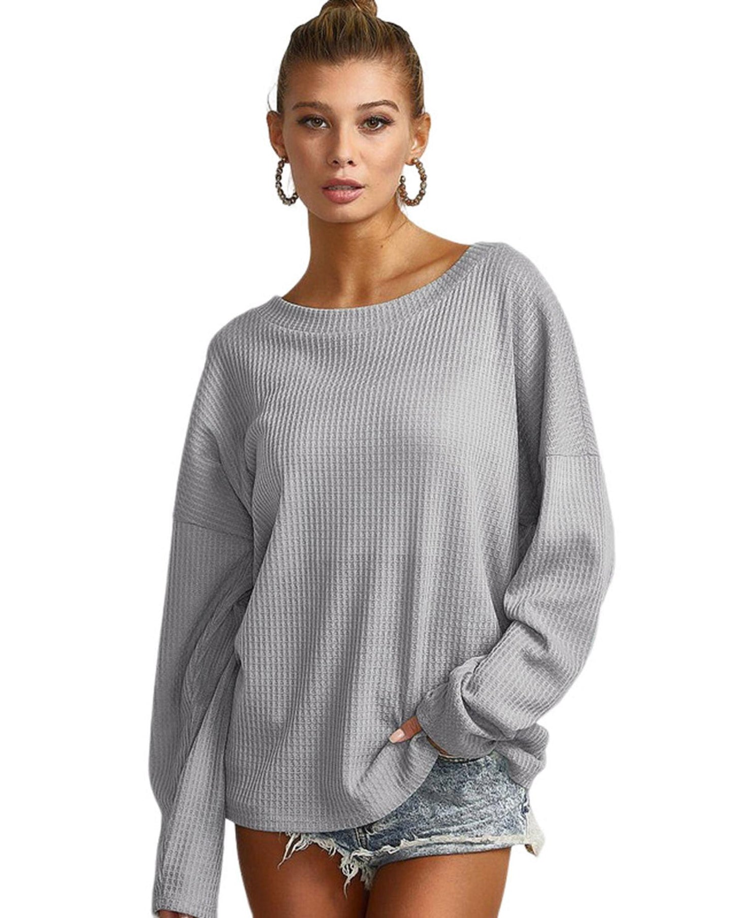 Azura Exchange Gray V Cut Drawstring Back Waffle Knit Top - S