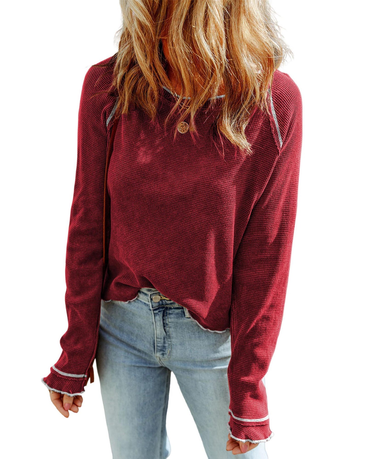 Azura Exchange Textured Round Neck Long Sleeve Top - M