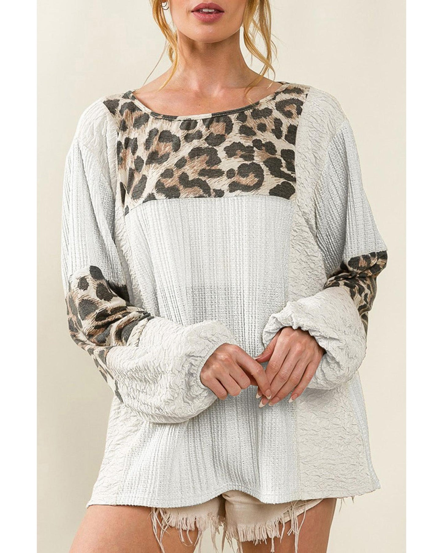 Azura Exchange Leopard Patch Puff Sleeve Textured Blouse - L