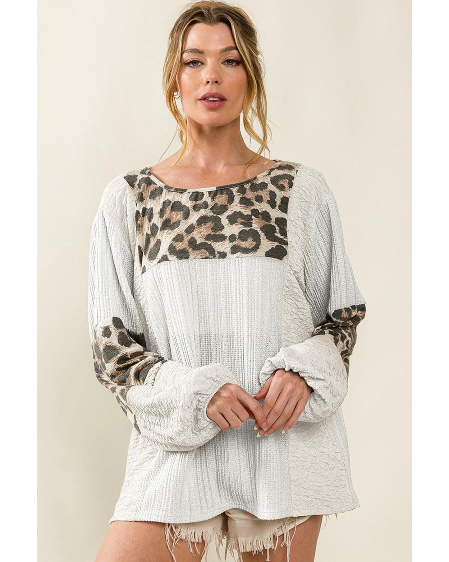 Azura Exchange Leopard Patch Puff Sleeve Textured Blouse - L