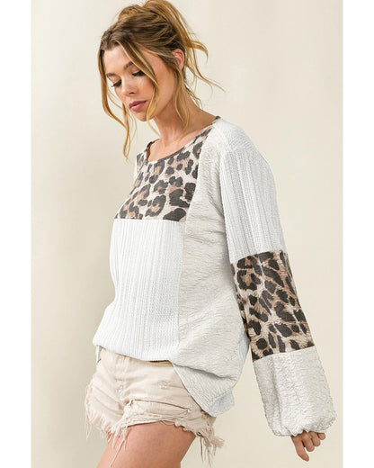 Azura Exchange Leopard Patch Puff Sleeve Textured Blouse - M