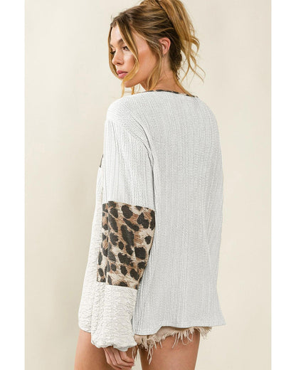 Azura Exchange Leopard Patch Puff Sleeve Textured Blouse - XL