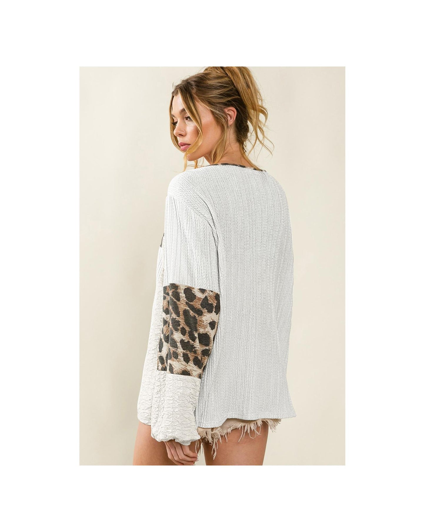 Azura Exchange Leopard Patch Puff Sleeve Textured Blouse - XL