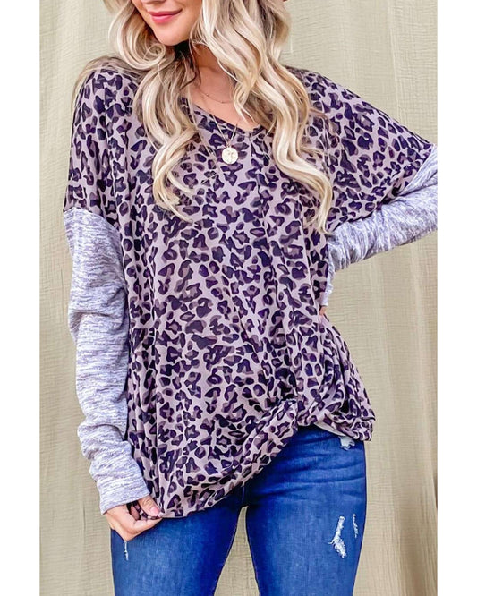 Azura Exchange Leopard Print Drop Shoulder Patchwork Sleeve Top - L