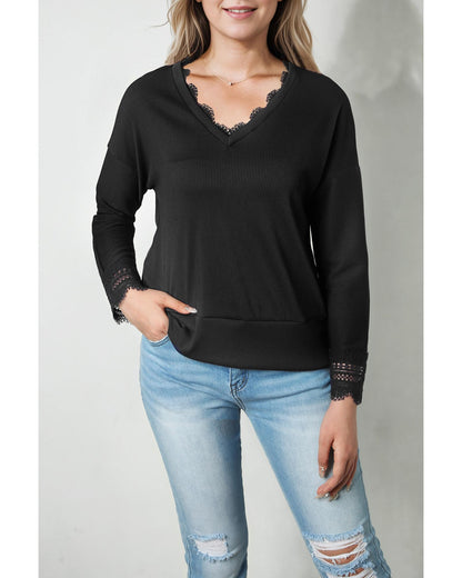 Azura Exchange Ribbed Texture Lace Trim V Neck Long Sleeve Top - L