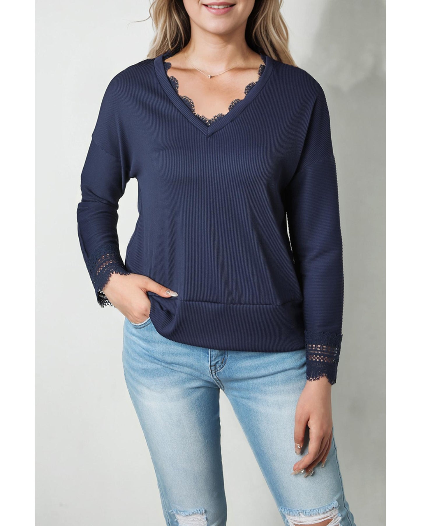 Azura Exchange Ribbed Texture V Neck Long Sleeve Top - S