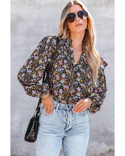 Azura Exchange Floral Print Ruffled Bubble Sleeve Shirt - L