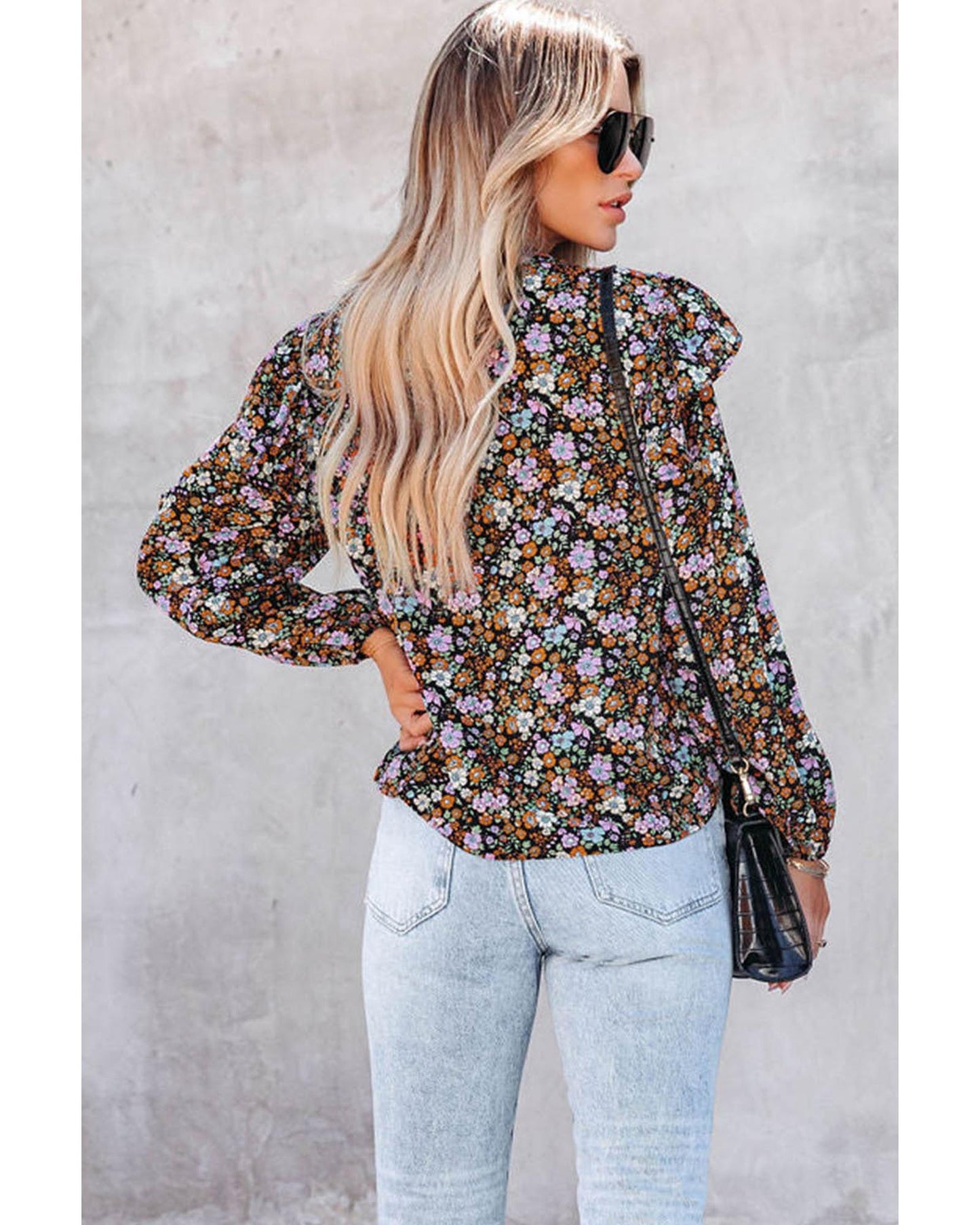 Azura Exchange Floral Print Ruffled Bubble Sleeve Shirt - M