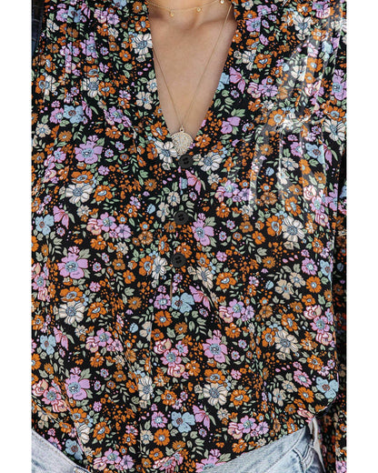 Azura Exchange Floral Print Ruffled Bubble Sleeve Shirt - M