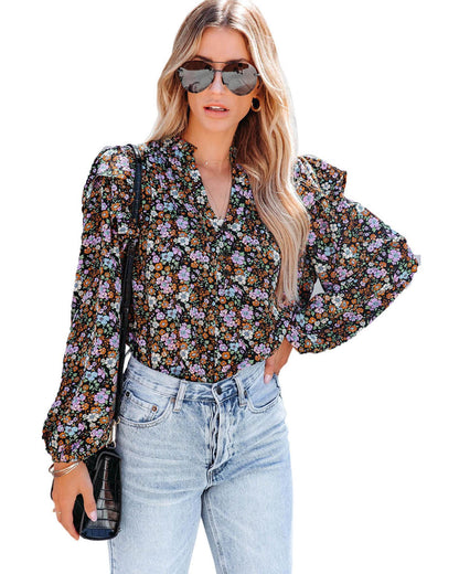 Azura Exchange Floral Print Ruffled Bubble Sleeve Shirt - M