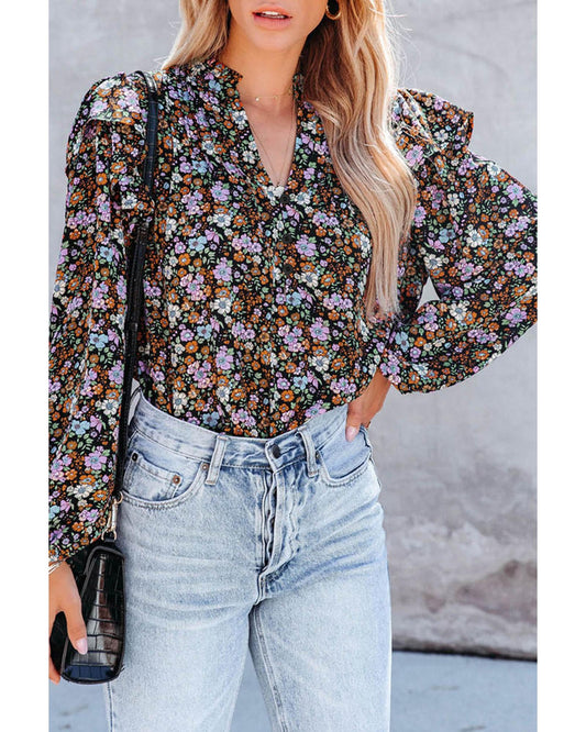 Azura Exchange Floral Print Ruffled Bubble Sleeve Shirt - S