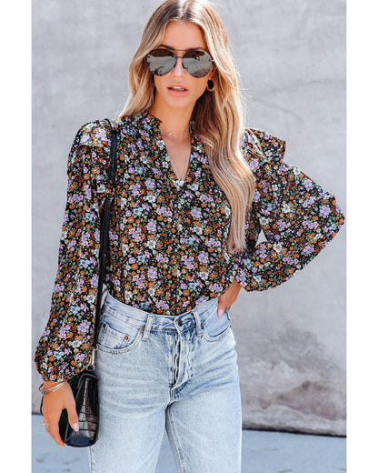 Azura Exchange Floral Print Ruffled Bubble Sleeve Shirt - S