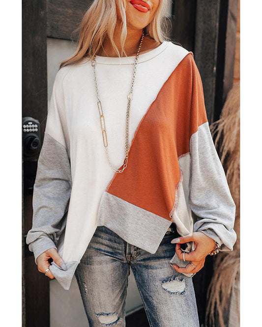 Azura Exchange Colorblock Stitching Irregular Hem Long Sleeve Top - L