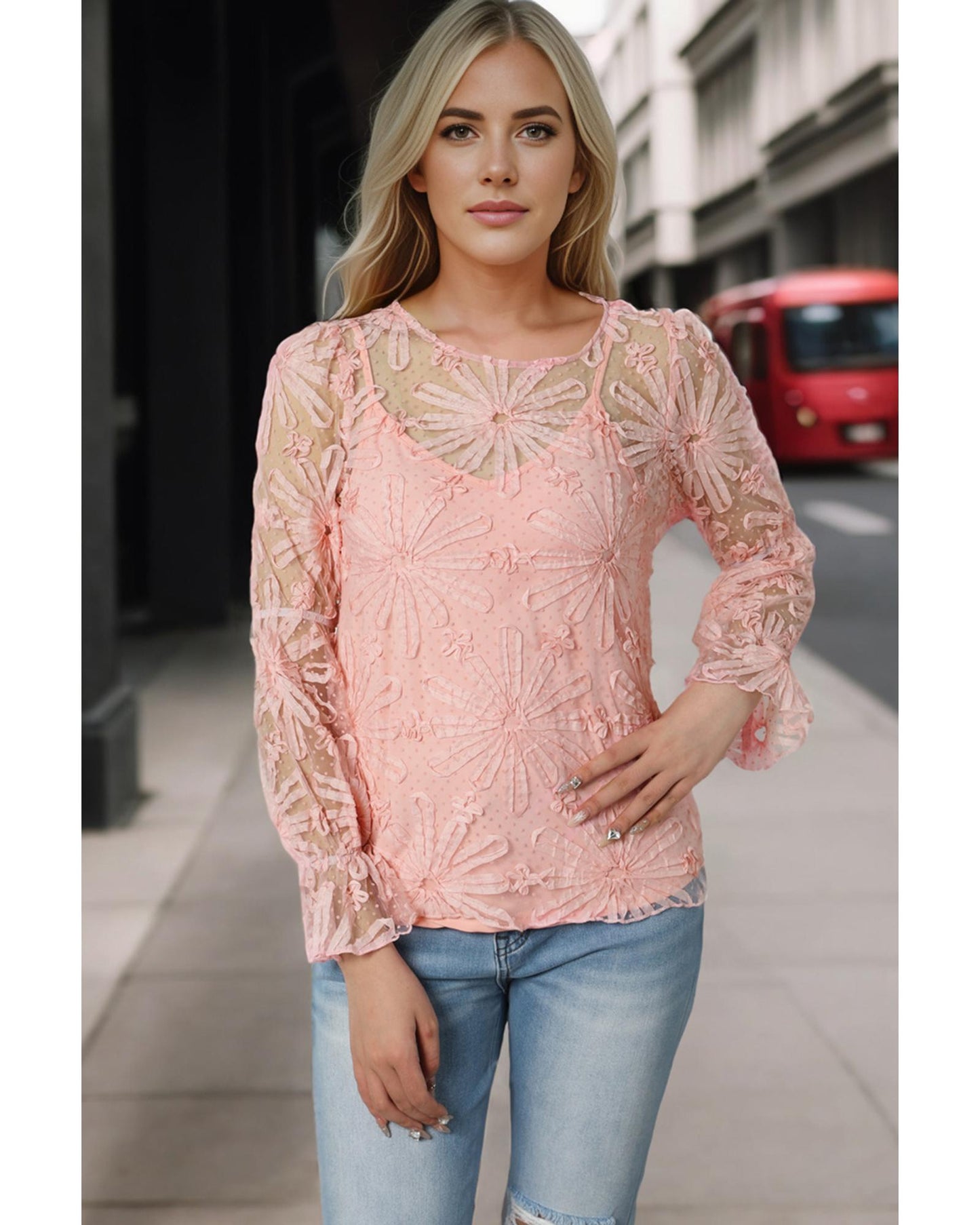 Azura Exchange Mesh Top with Ruffled Sleeves and Floral Detailing - S