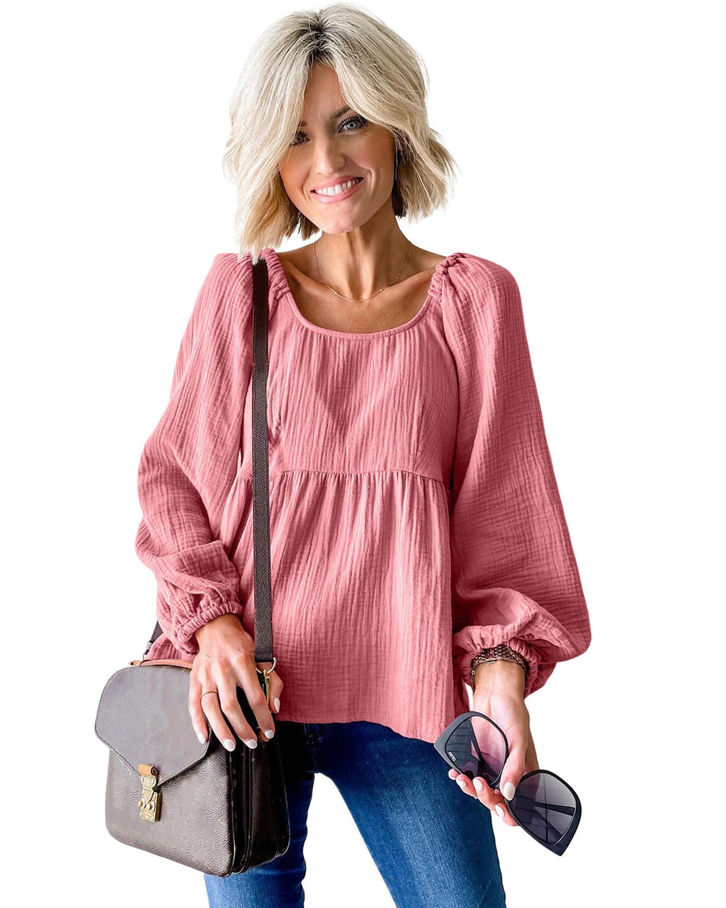 Azura Exchange Textured Bubble Sleeve Blouse - S