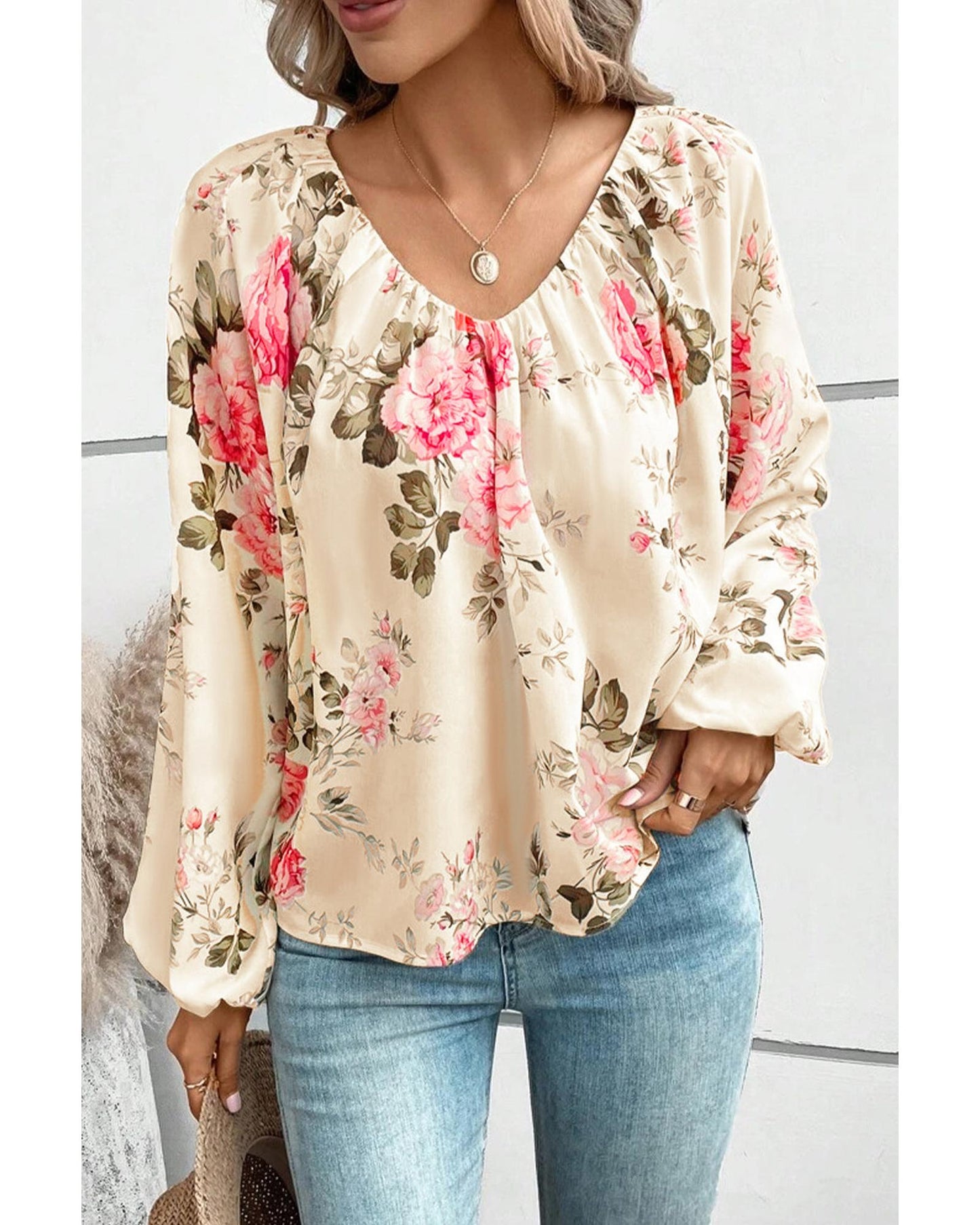 Azura Exchange Floral Print V-Neck Lantern Sleeve Blouse - L