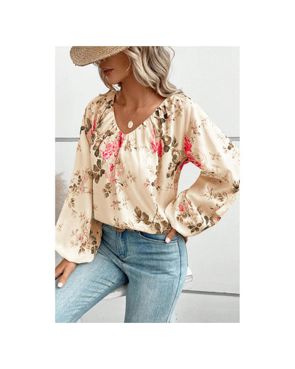 Azura Exchange Floral Print V-Neck Lantern Sleeve Blouse - L