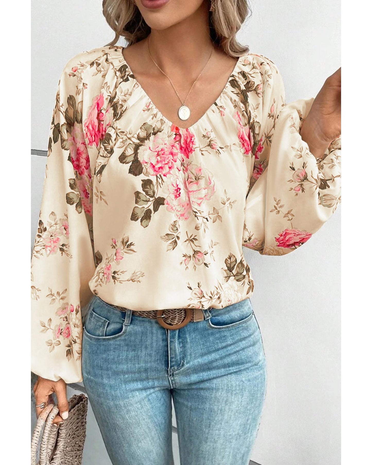 Azura Exchange Floral Print V-Neck Lantern Sleeve Blouse - L