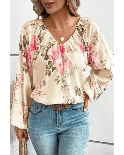 Azura Exchange Floral Print V-Neck Lantern Sleeve Blouse - L