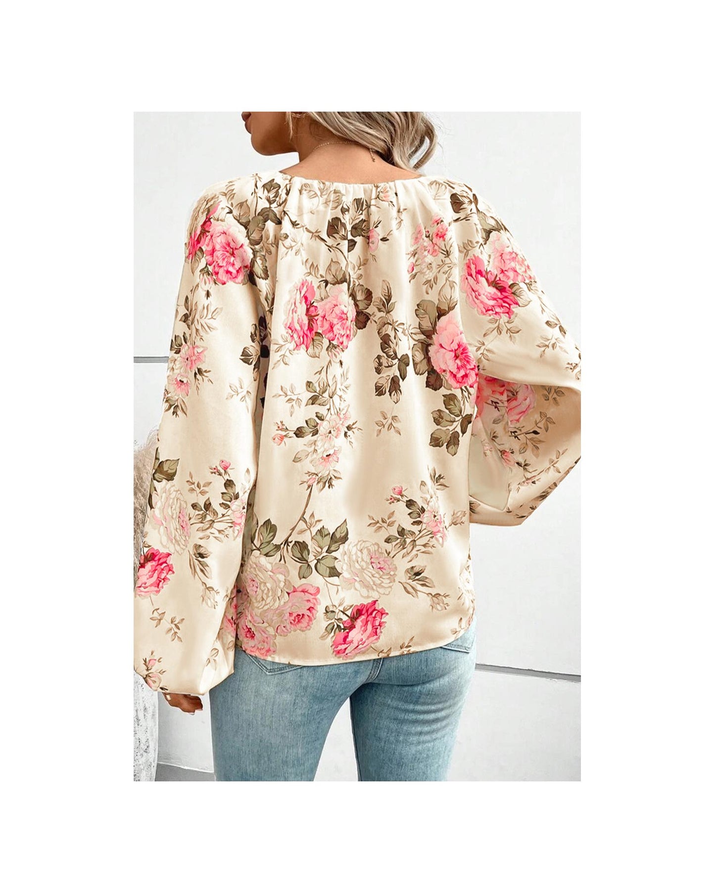 Azura Exchange Floral Print V-Neck Lantern Sleeve Blouse - L