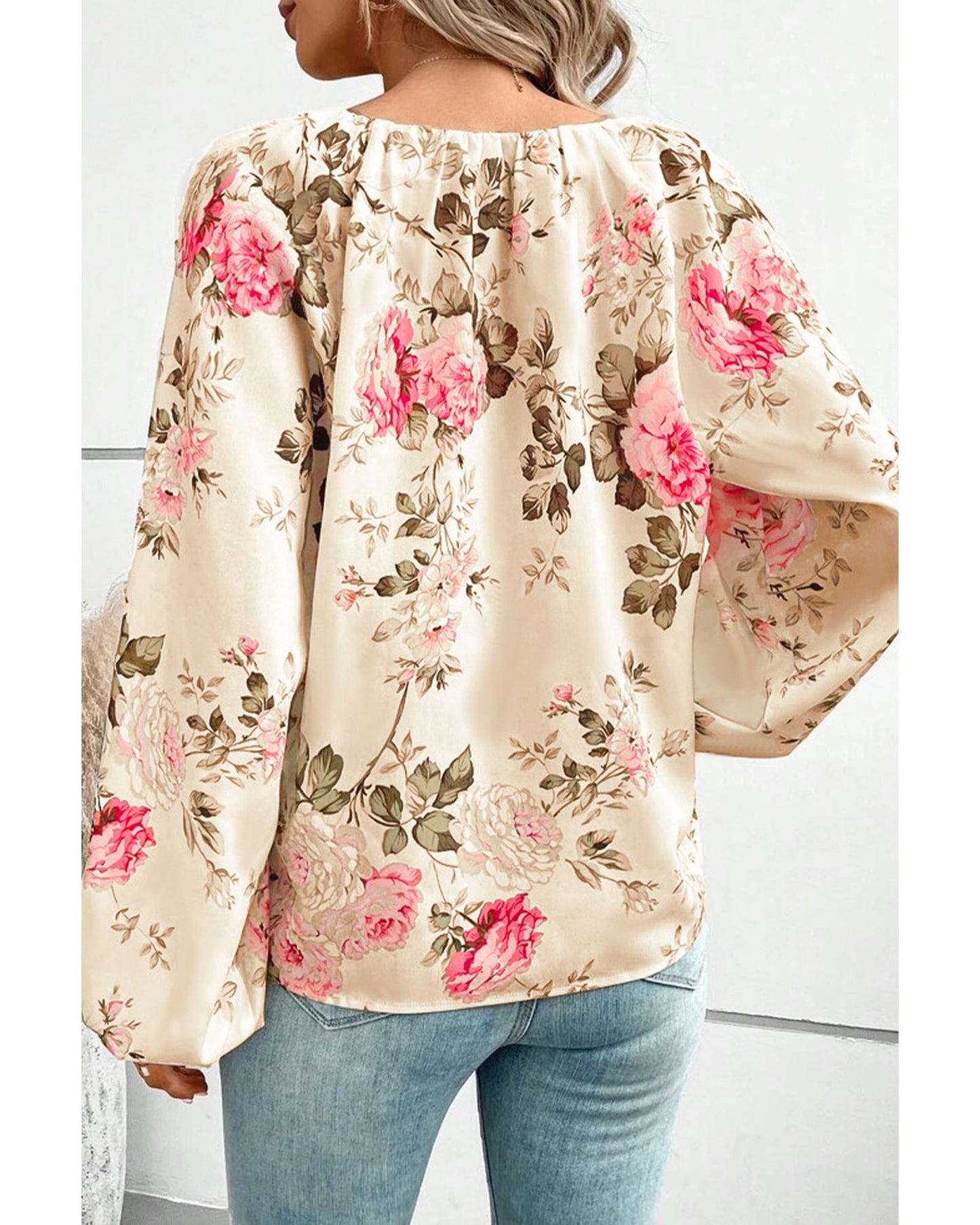 Azura Exchange Floral Print V-Neck Lantern Sleeve Blouse - M