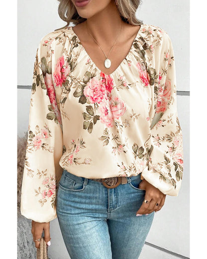 Azura Exchange Floral Print V-Neck Lantern Sleeve Blouse - M