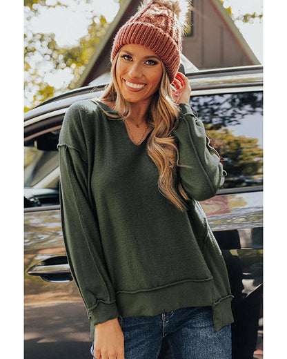 Azura Exchange Exquisite Green Long Sleeve Top with Split Neck and Exposed Seam Detail - L