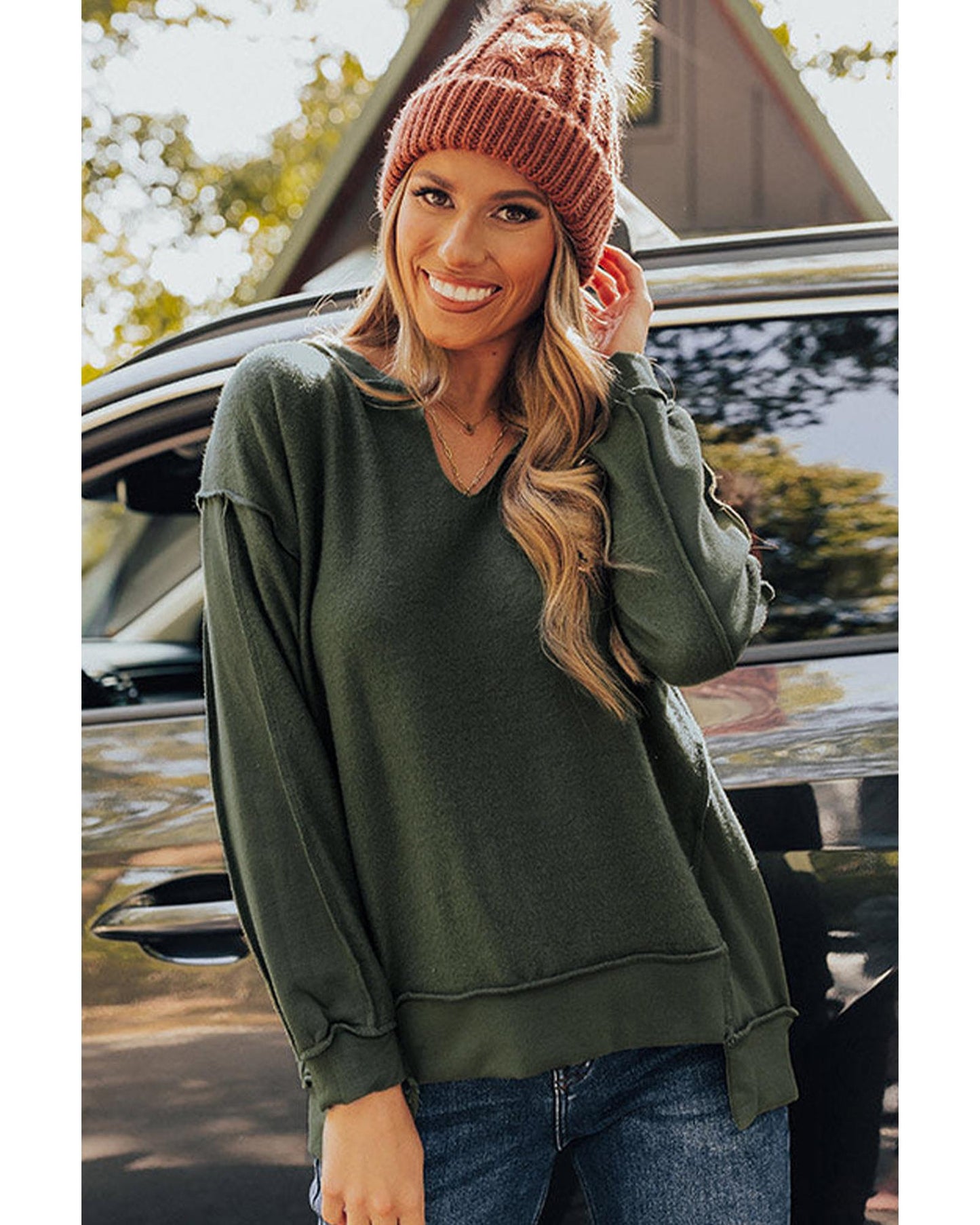 Azura Exchange Exquisite Green Long Sleeve Top with Split Neck and Exposed Seam Detail - M