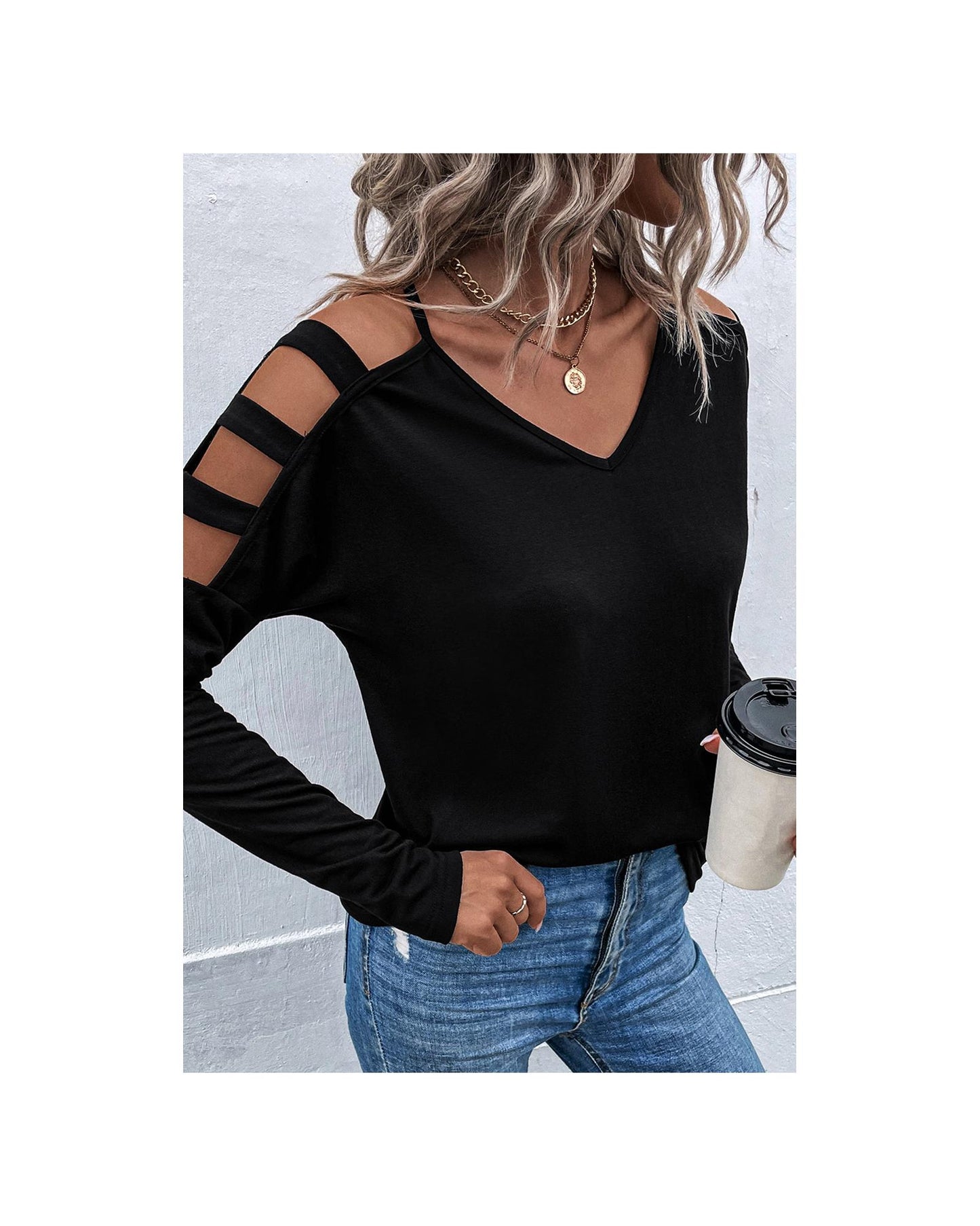 Azura Exchange Cold Shoulder Cut Out Long Sleeve Top - L