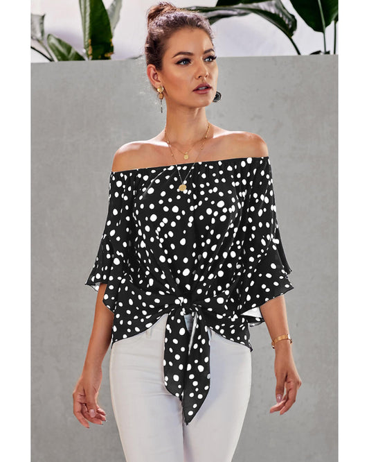 Azura Exchange Polka Dot Off Shoulder Bell Sleeve Top - M