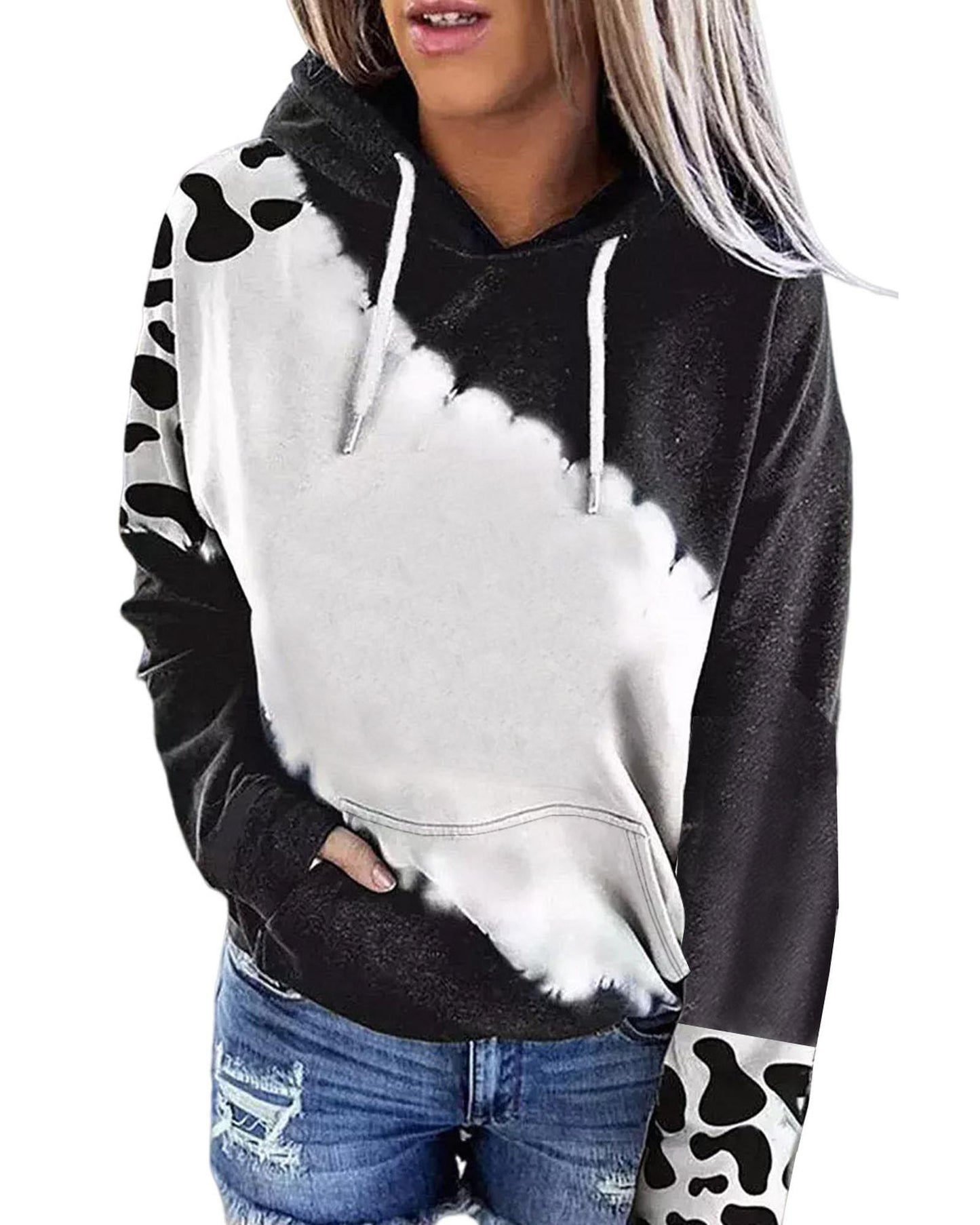 Azura Exchange Cow Tie Dye Print Pullover Hoodie with Pocket - L