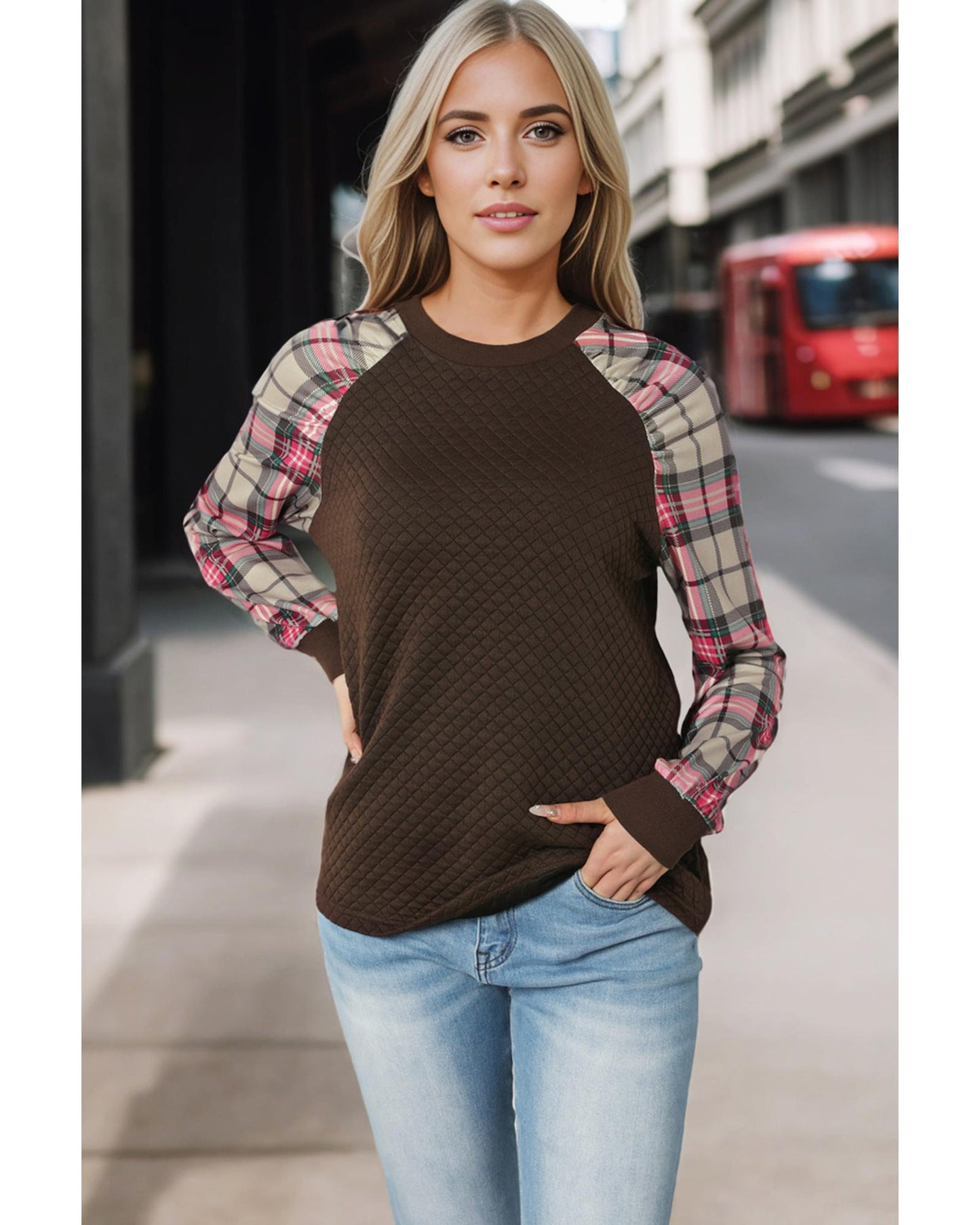 Azura Exchange Plaid Raglan Sleeve Sweatshirt - M