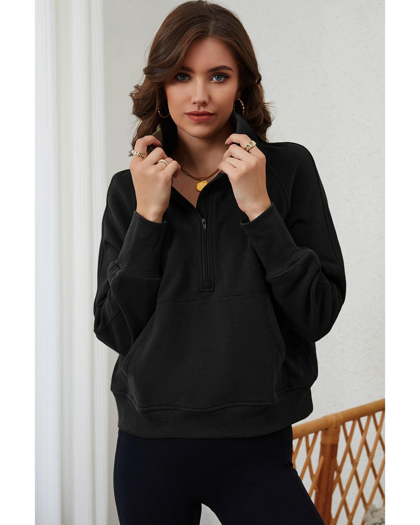 Azura Exchange Black Ribbed Thumbhole Sleeve Sweatshirt - L