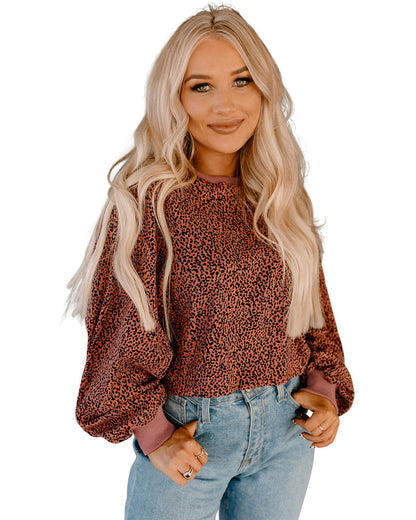 Azura Exchange Leopard Bubble Sleeve Pullover Sweatshirt - L