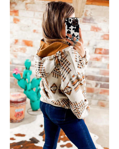 Azura Exchange Beige Aztec Print Half-Zip Hoodie with Kangaroo Pocket - M