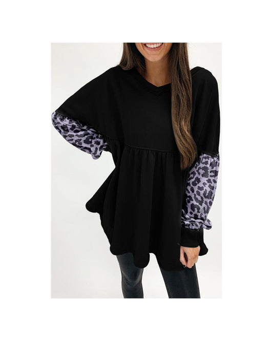 Azura Exchange Leopard Splicing Ruffle Sweatshirt - S