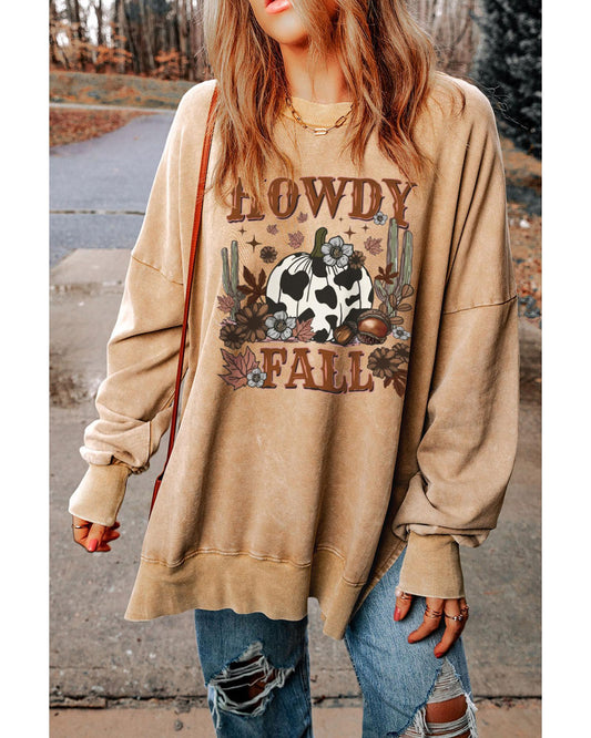 Azura Exchange Howdy Fall Pumpkin Print Split Hem Sweatshirt - S