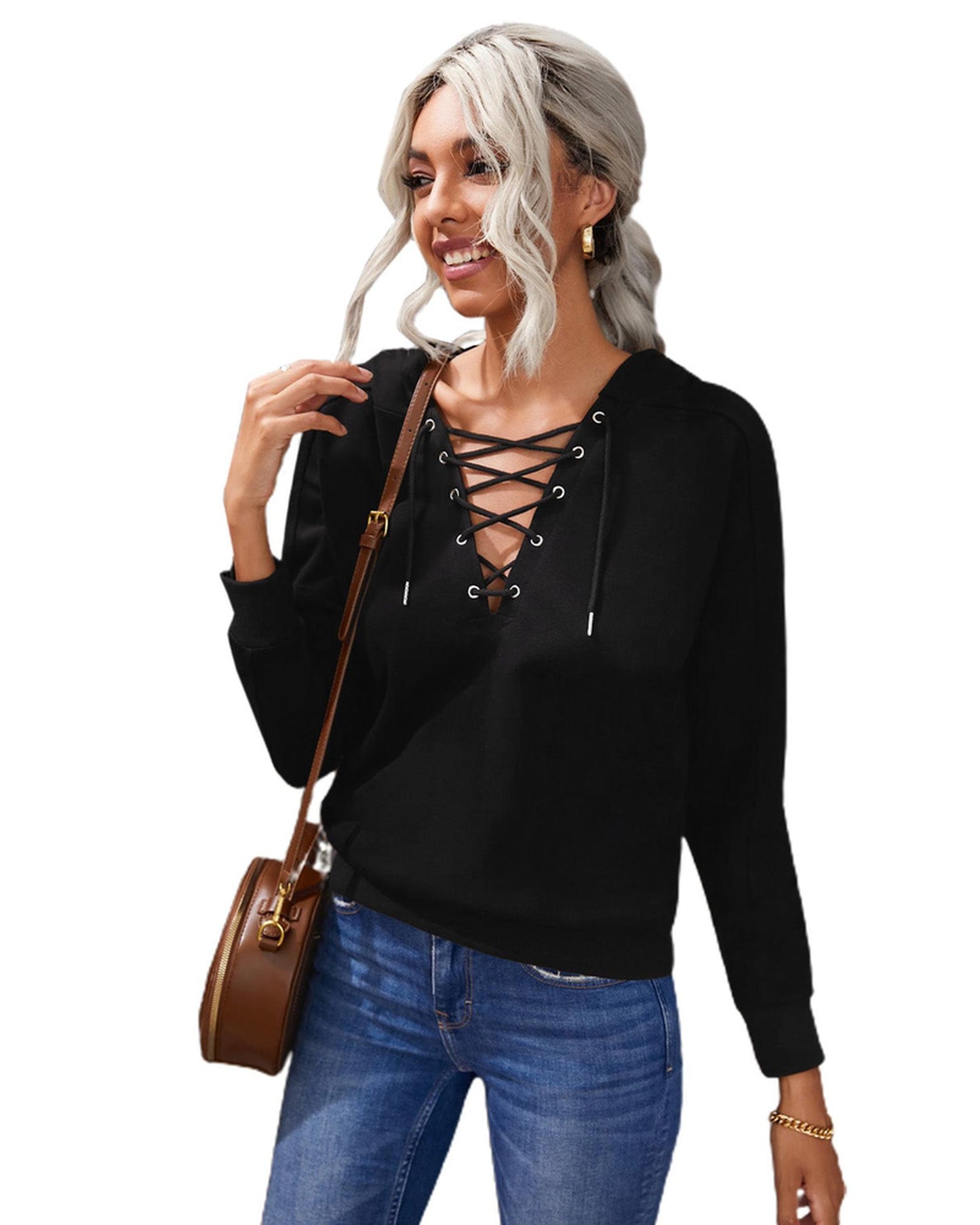 Azura Exchange Solid Color Lace-up Hoodie - L