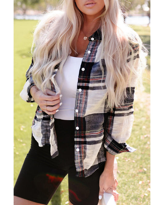 Azura Exchange Plaid Print Shirt with Distressed Raw Edge - M