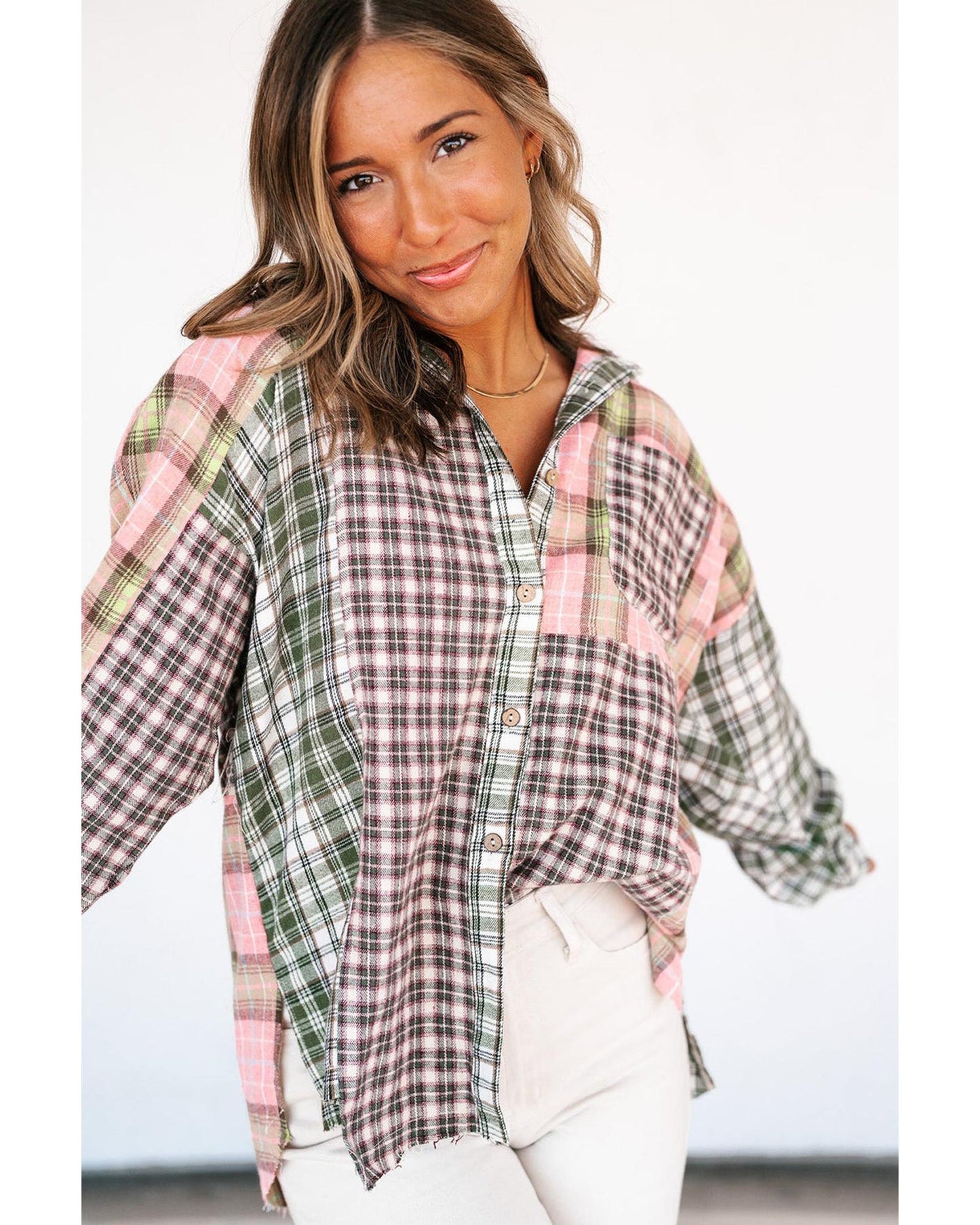 Azura Exchange Plaid Patchwork High Low Oversized Shirt - L