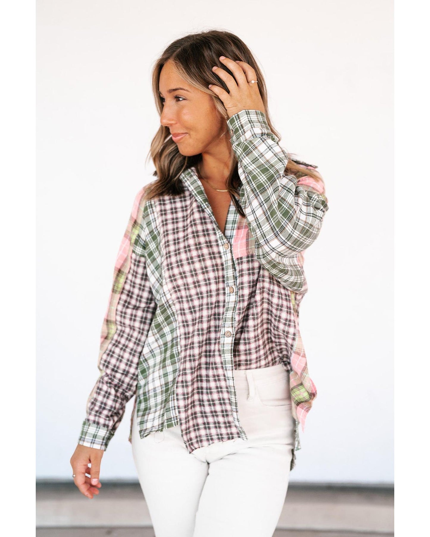 Azura Exchange Plaid Patchwork High Low Oversized Shirt - L